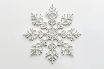 White glittery snowflake ornament is lying on a white background, providing ample copy space for holiday greetings or winter-themed designs