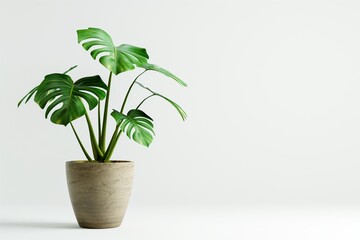 Obraz premium Thriving monstera plant in a stylish minimalist interior adds a touch of nature to a clean room, reflecting the urban jungle trend of bringing the outdoors inside