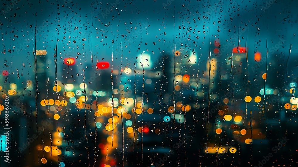 Poster rain glistens on the window as city lights dissolve into soft bokeh in the background.