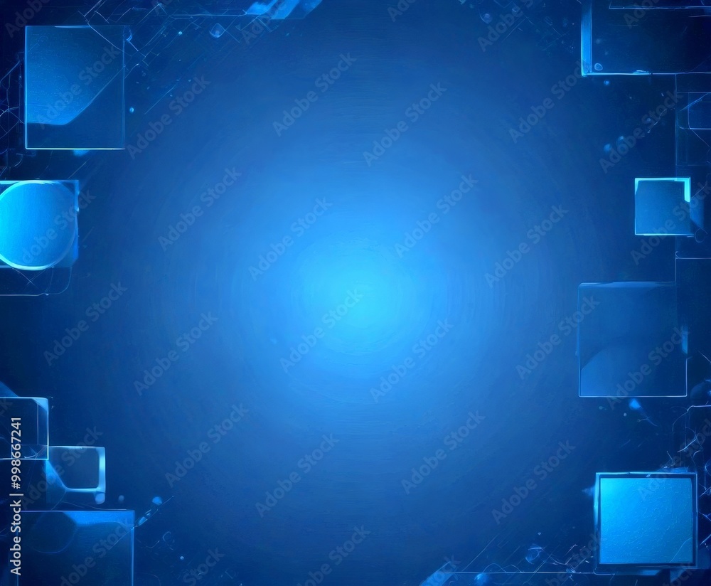 Poster a gradient background transitioning from a darker shade of blue at the top to a lighter shade at the bottom, with a central square and various geometric shapes surrounding it