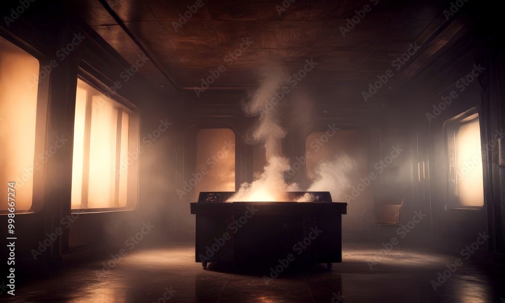 Poster A steaming hot object sits in the center dimly lit room, surrounded by large windows and a mysterious, shadowy atmosphere