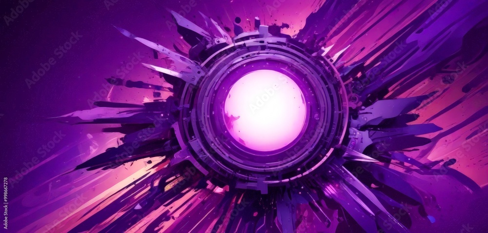 Poster a futuristic, circular object with a glowing center, surrounded by a vibrant purple and pink abstrac