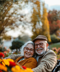 People who dream of a happy old age, are happier when they garden together. A wife in a wheelchair and her husband pushing her, preparations for a peaceful old age are needed.