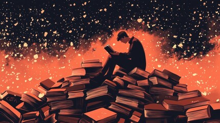 Abstract illustration of a reader lost in thought on a pile of books, representing knowledge, imagination, and discovery