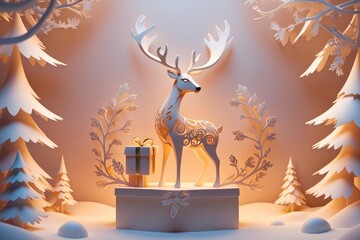 Abstract paper cut reindeer animal portrait with christmas decoration illustration, winter holiday seasonal theme concept texture design. 
