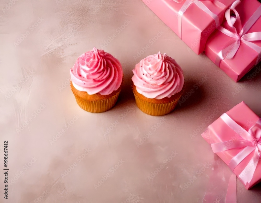 Poster Two cupcakes with pink frosting and a pink gift box with a ribbon bow are arranged on a light pink background