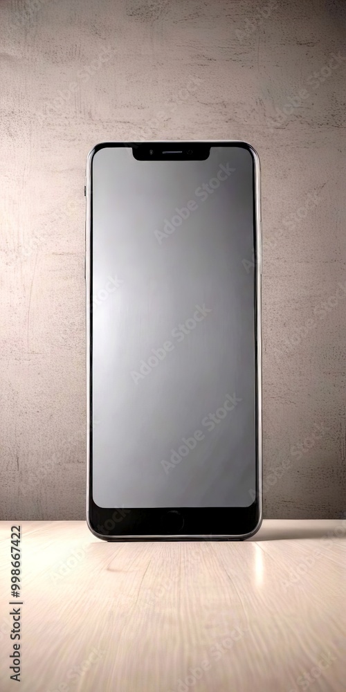 Poster A black smartphone with a large screen and a camera is placed on a wooden surface against a gray background