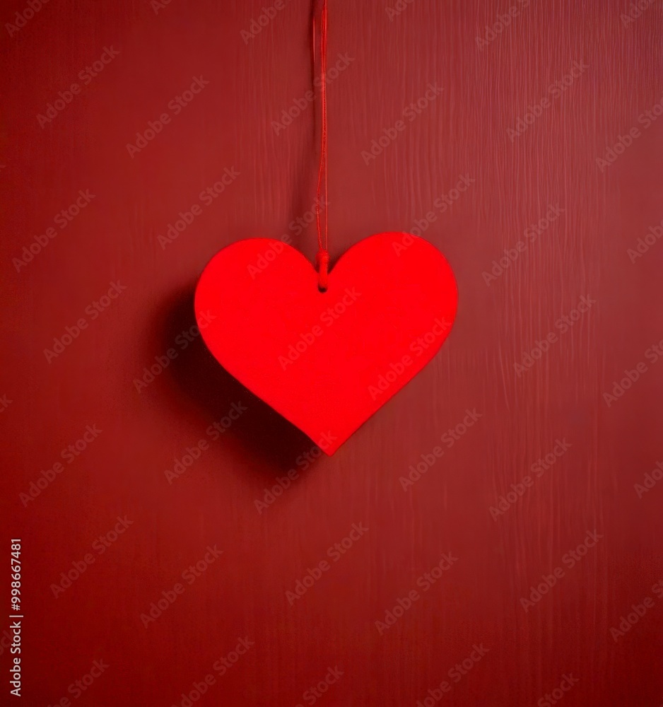 Poster a red heart-shaped paper decoration hangs from a string against a red textured background