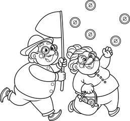 Grandma and Grandpa catch coins. Coloring page. Vector illustration.