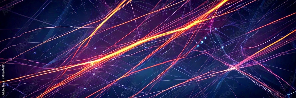 Poster a complex network of intersecting lines and glowing orange and purple streaks, creating a dynamic and abstract visual effect