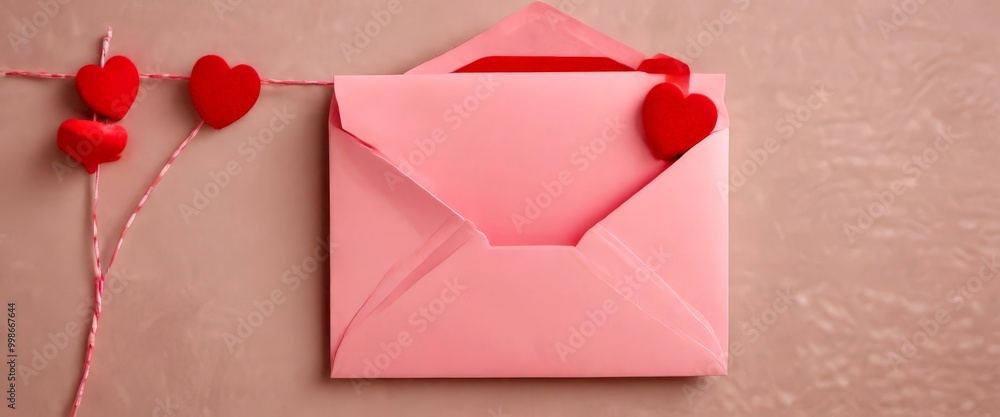 Poster a pink envelope with a red heart on top and a string of red hearts is displayed against a pink textu