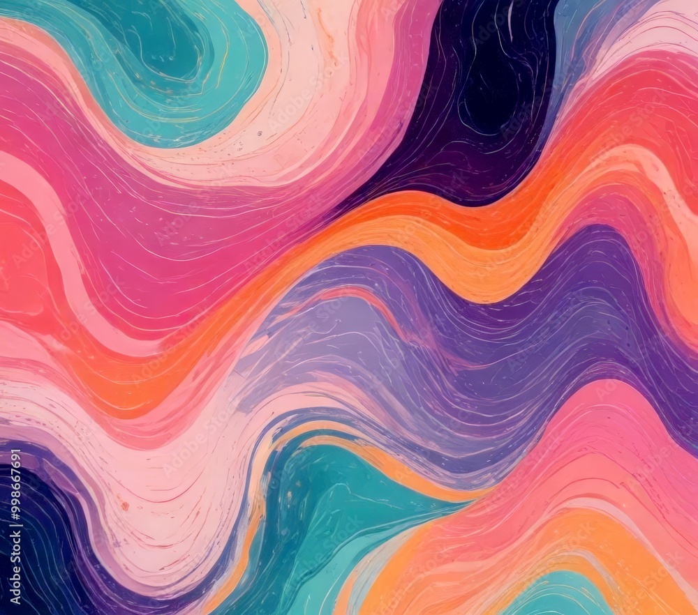 Poster a vibrant abstract pattern composed of overlapping curved lines in various shades of pink, blue, green, and purple, creating a dynamic and visually captivating design