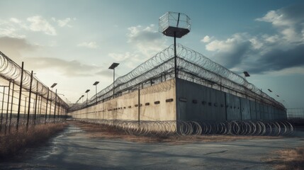 Prison wall with barbed wire and surveillance tower. Neural network ai generated art