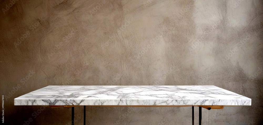 Poster a marble table with a simple design stands against a plain gray wall