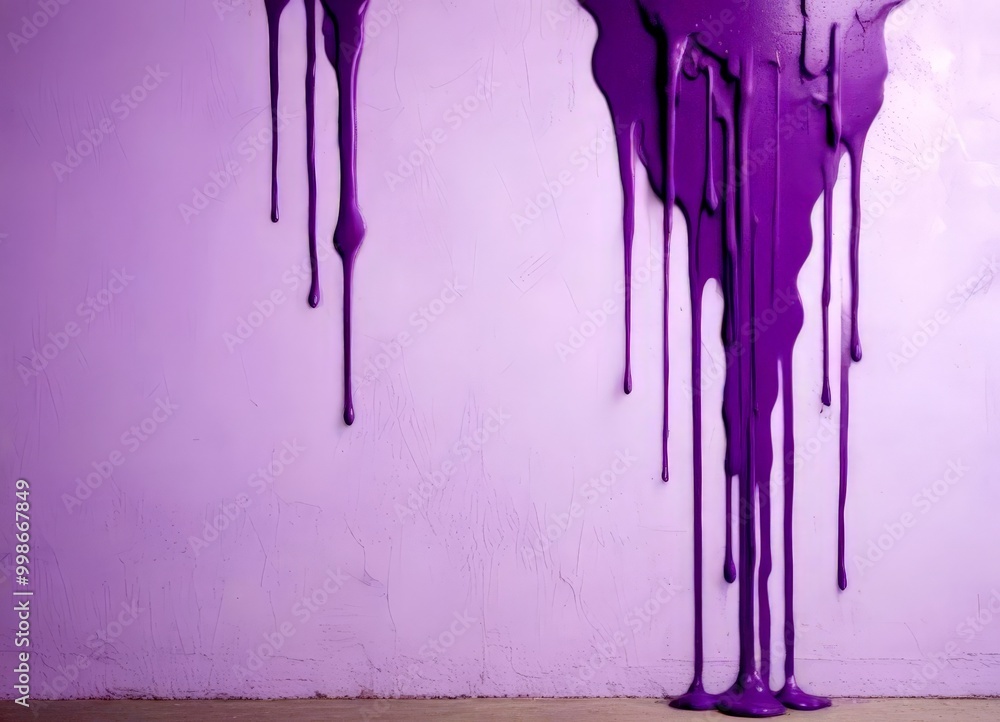 Poster purple paint drips down a white wall, creating a dynamic and abstract visual effect