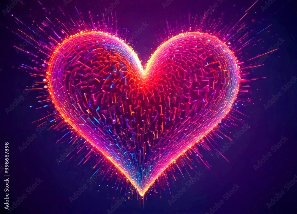 Poster a digital illustration heart-shaped object composed of multicolored lines and dots, radiating outwar