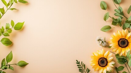 Obraz premium A stunning sunflower displaying soft shadows against a neutral beige background, creating an elegant composition with ample empty space in soothing neutral tones.