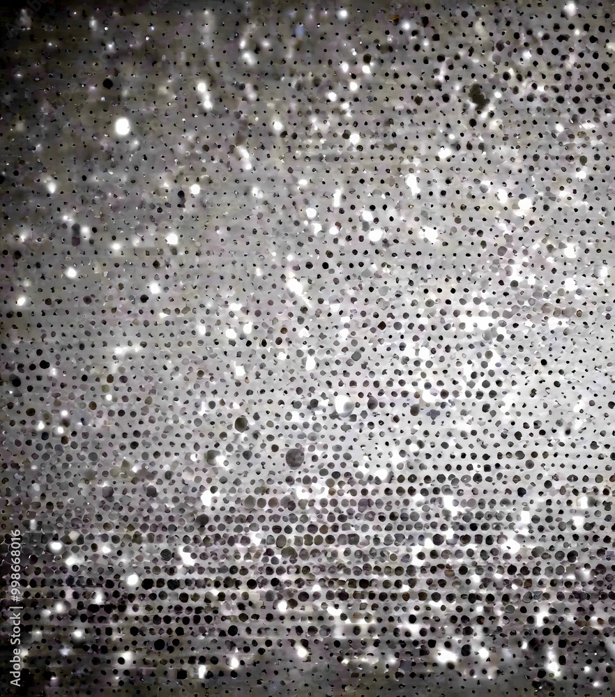 Poster a textured gray background with a pattern of small white dots or circles, creating a sense of depth 