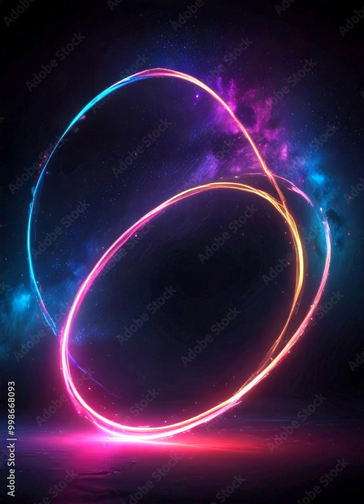 Poster a vibrant, abstract digital artwork featuring a circular shape with a glowing, neon-like border agai