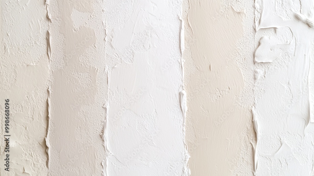 Poster uneven surface of white putty on the wall is creating abstract relief, using spatula and plaster. it