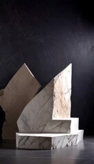 Marble pedestal with a triangular stone on top, set against a dark background