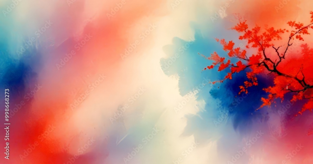 Poster a vibrant abstract painting featuring a tree branch with red leaves against a gradient background of