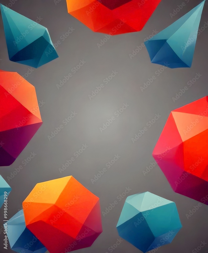 Poster a collection of eight geometric shapes, each with a unique color and size, arranged in a circular pa