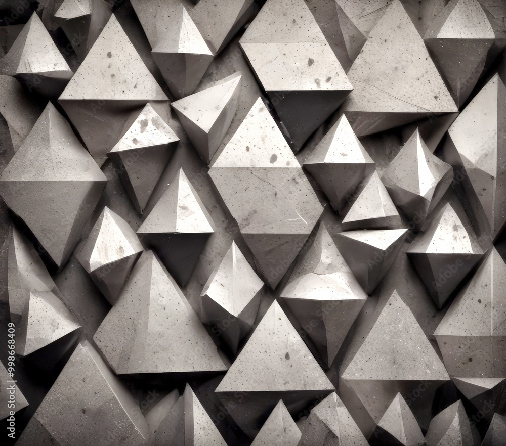 Poster A monochromatic geometric pattern composed of numerous triangular shapes, varying in size and orientation, creating a visually striking and abstract composition
