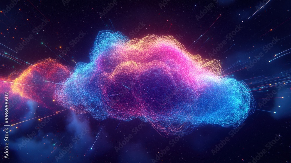 Poster abstract neon cloud, symbolizing data streaming and wireless communication, glowing with vivid color