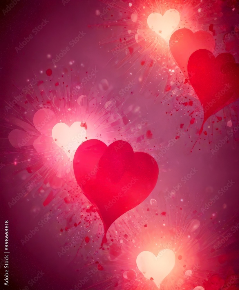 Fototapete three overlapping heart shapes in varying shades of pink, with a radiant burst of light emanating fr