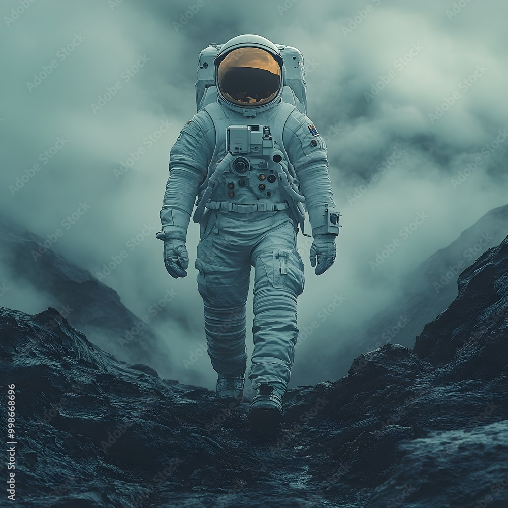 Poster lone astronaut exploring alien terrain on distant planet