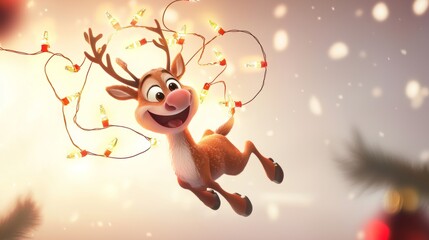 Cheerful cartoon reindeer flies and plays with christmas lights on a snowy evening, spreading joy and magic in the festive season