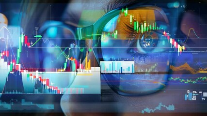 A close-up view of a woman's eye with financial charts and stock market data reflected in her glasses, symbolizing the modern interaction between technology, finance, and trading analytics.