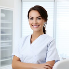 A smiling female dentist with arms crossed in a dental office