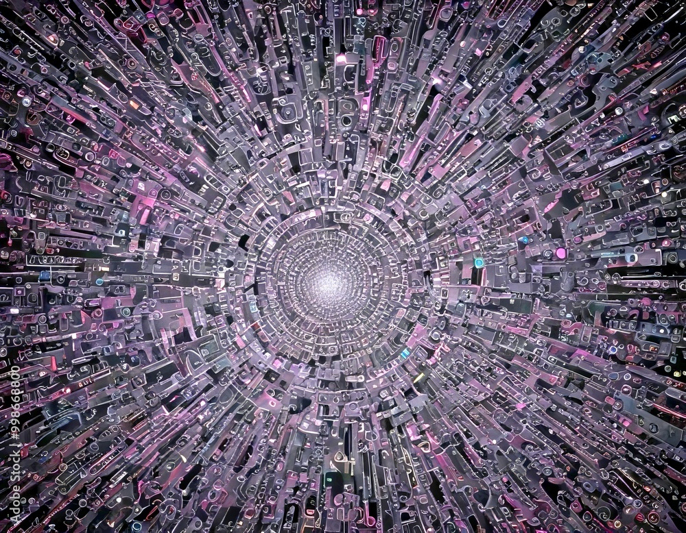 Poster a complex, abstract pattern of interlocking shapes and lines, resembling a dense, intricate network of structures or a dense, dark space The does