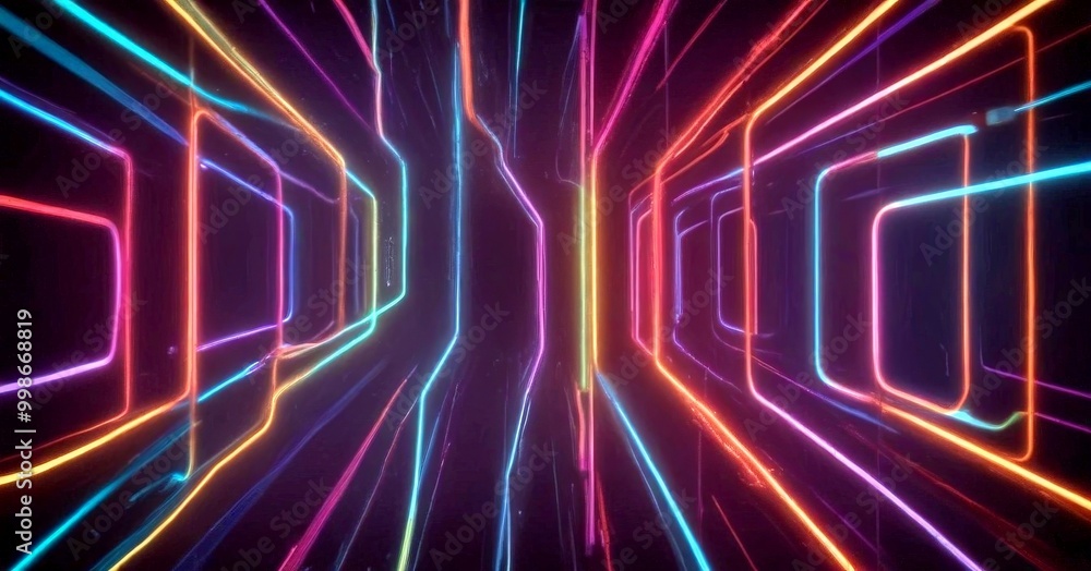 Fototapete a futuristic, neon-lit corridor with a grid-like pattern of glowing lines and shapes, creating a sense of depth and movement