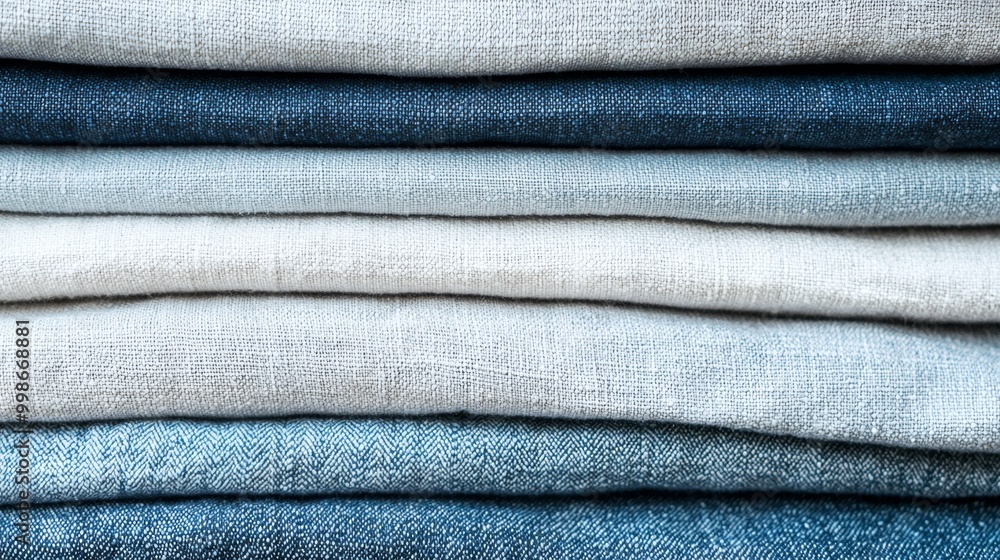 Poster stack of alternating linen and denim fabrics is creating a gradient of blue and white hues, perfect 