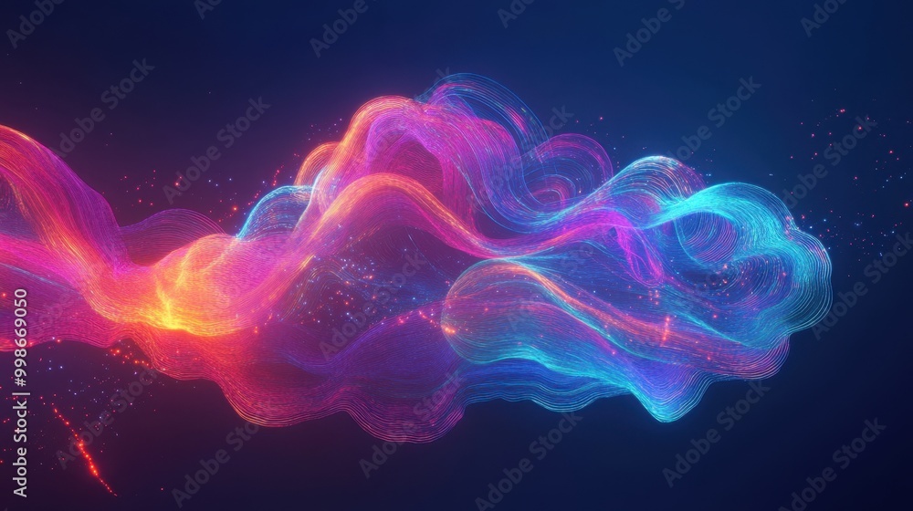 Poster abstract neon cloud, symbolizing data streaming and wireless communication, glowing with vivid color