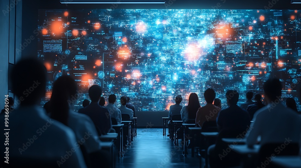 Poster an audience sits captivated by data visualizations projected onto a massive screen.