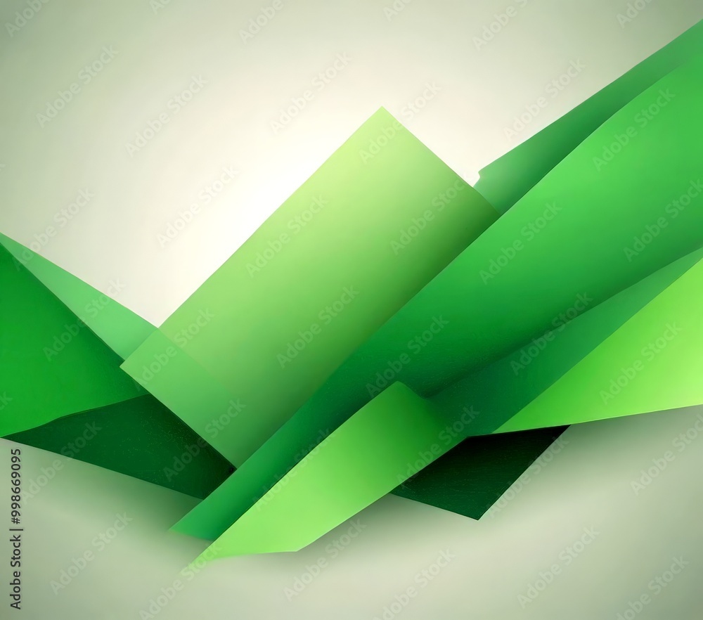 Poster a geometric abstract composition of overlapping green triangles, creating a sense of depth and dimension
