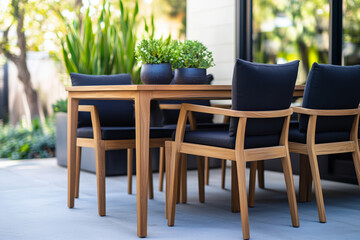 Fototapeta premium Outdoor dining area with modern wooden furniture in a garden setting