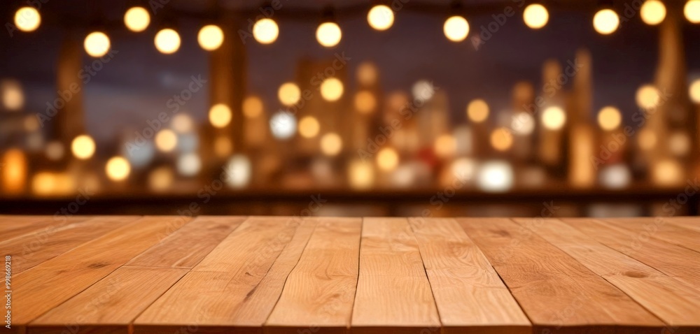 Poster A wooden table in the foreground with a blurred cityscape in the background, featuring a string of lights