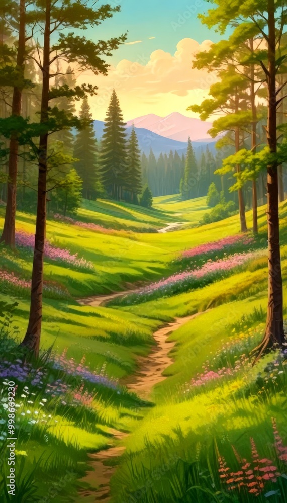 Poster a winding path leads through a lush, verdant landscape, framed by towering pine trees and a backdrop