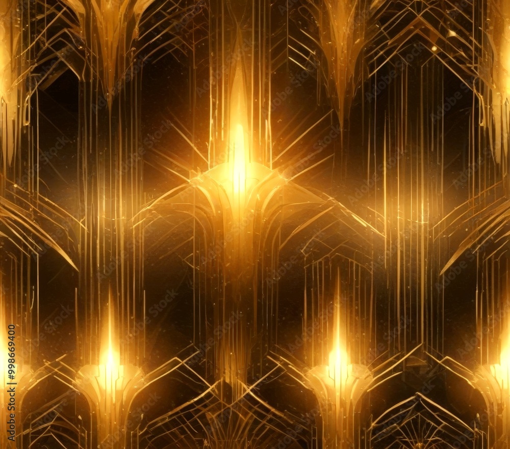 Fototapete a repeating pattern of golden lines and shapes, creating a visually striking and intricate design The pattern is symmetrical, with the golden elements arranged in a