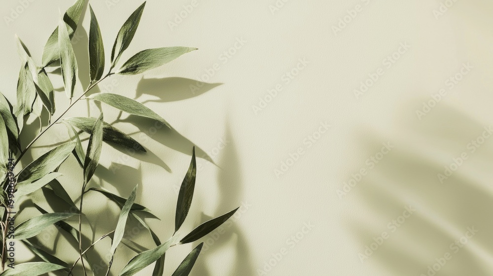 Poster eucalyptus branches arranged on a green background are casting shadows creating an abstract minimali