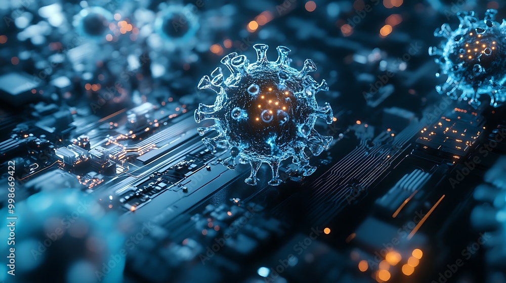 Poster a 3d rendering of a virus infiltrates a circuit board, embodying the concept of cyber security threa
