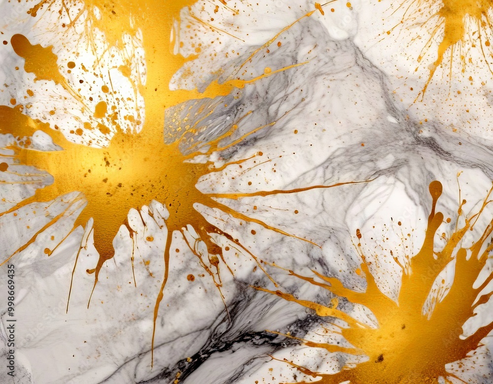 Poster a marble surface with gold splatters and splotches, creating a dynamic and textured visual effect