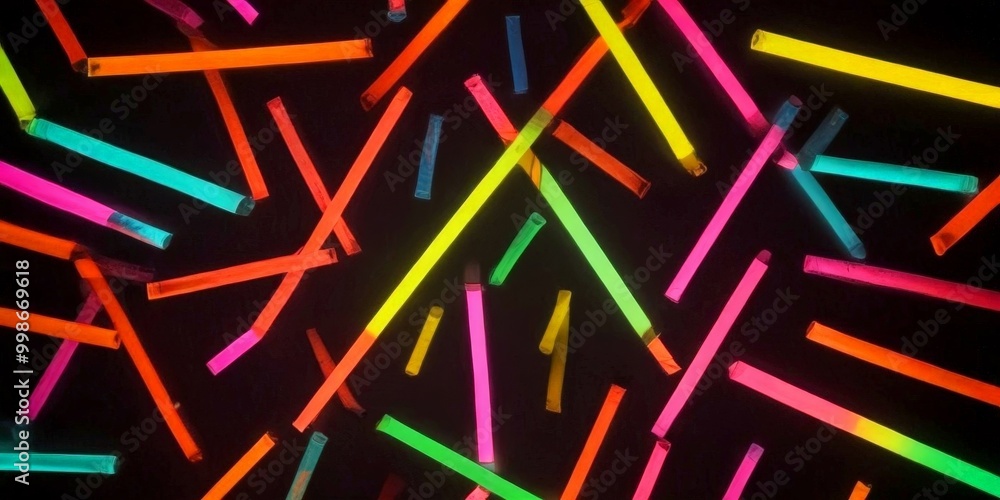 Poster a vibrant array of multicolored neon sticks, ranging from orange to green, are scattered across a da
