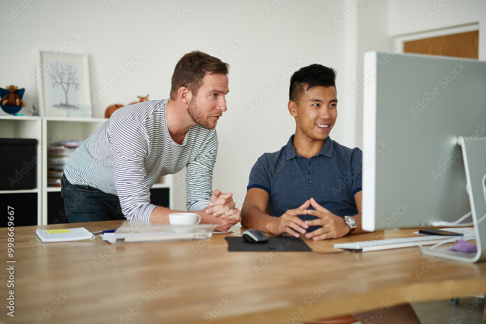Poster collaboration, computer and design with business men at desk in office for project management togeth