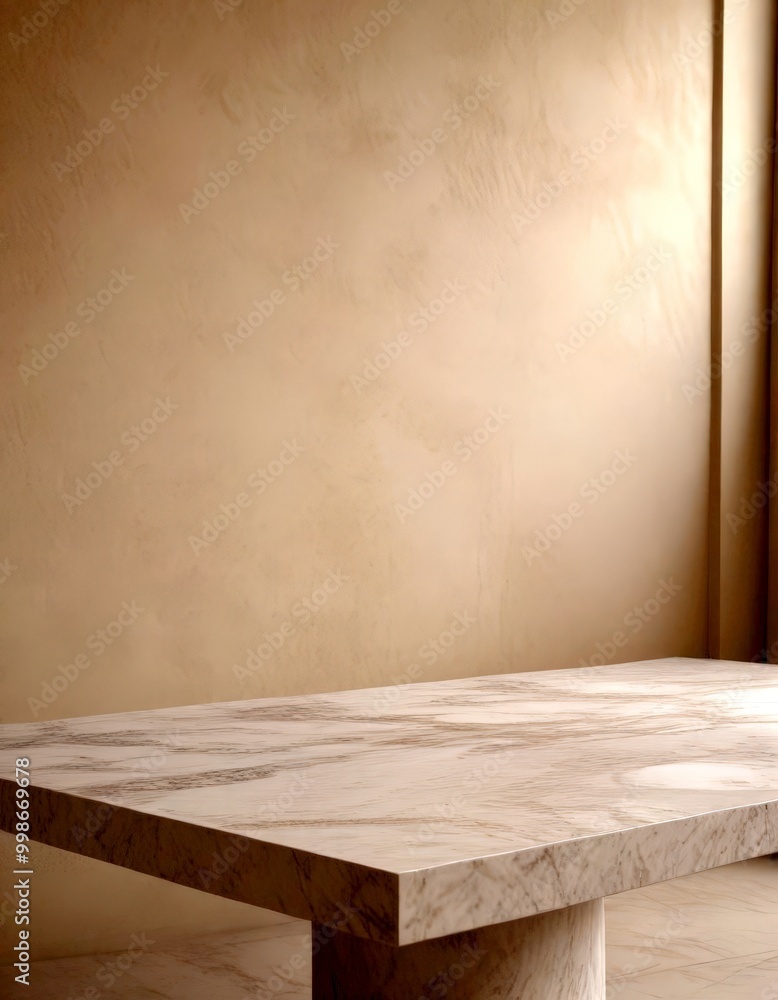 Poster A marble table with a simple, clean design sits against a beige wall, creating a minimalist and elegant interior setting